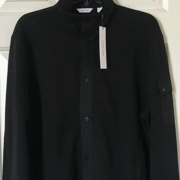 Calvin Klein Logo Mens Snap Placket Mesh Knit Mock Neck Jacket Black - Picture 1 of 7